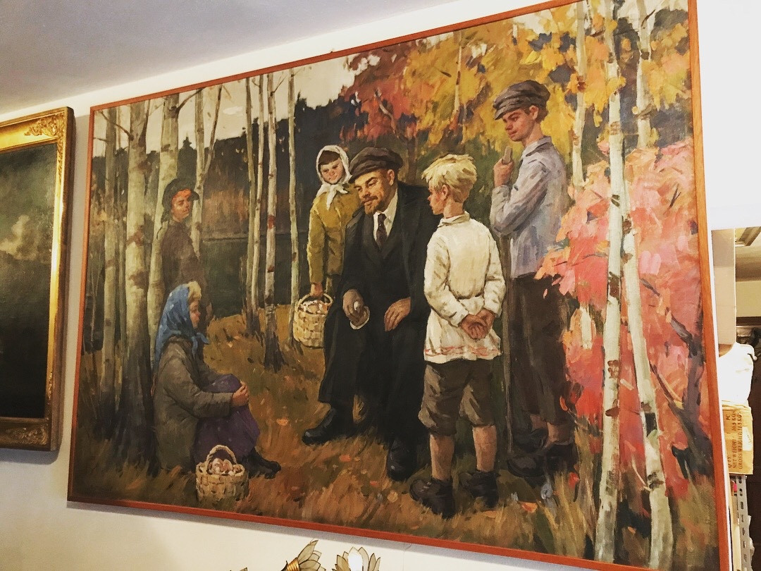 Olio su tela firmato raffigurante Lenin con bambini nel bosco. Pittore Sokolov Vladimi