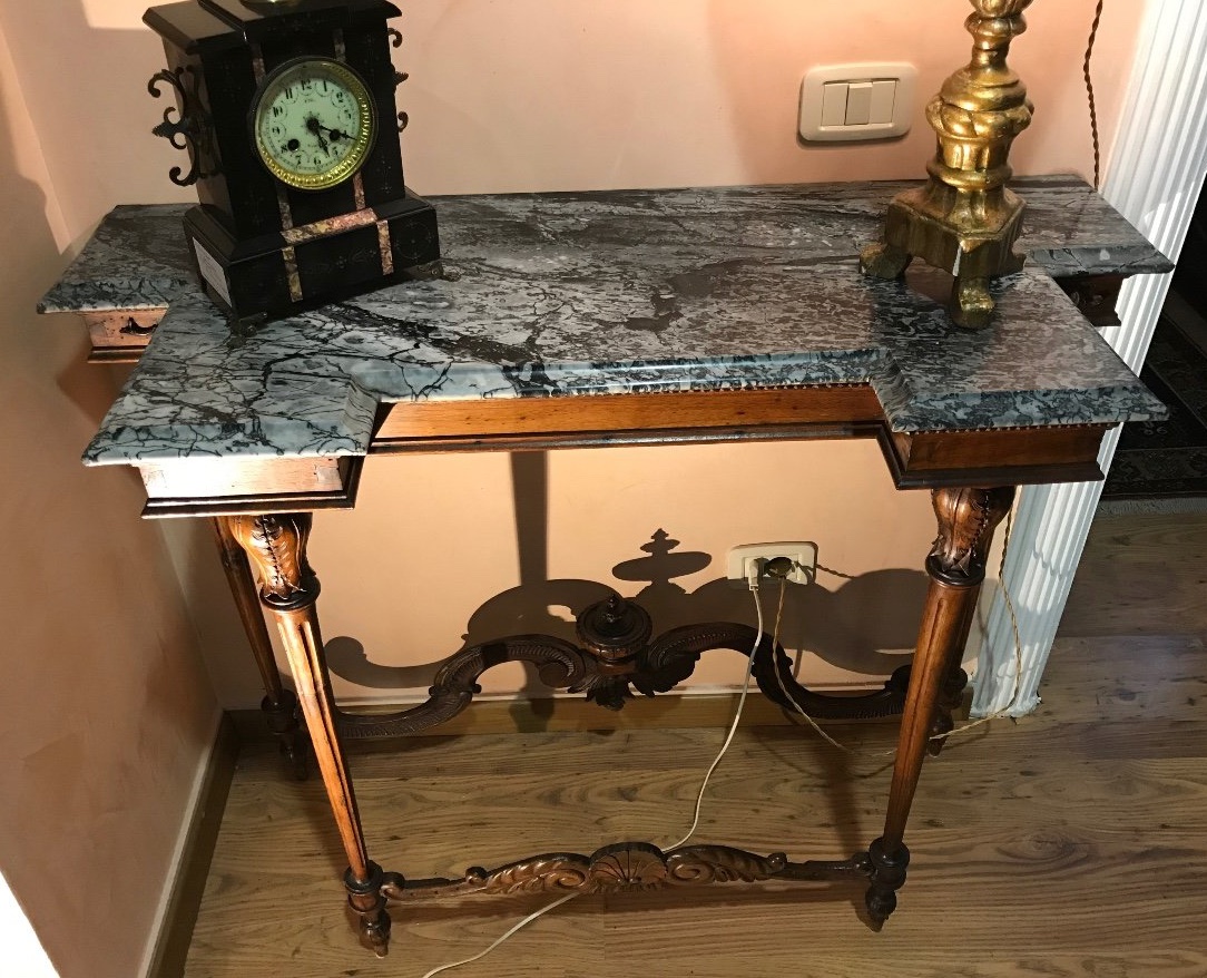 Consolle Antica Fine '800 in Noce Intagliato e Marmo Verde-photo-2