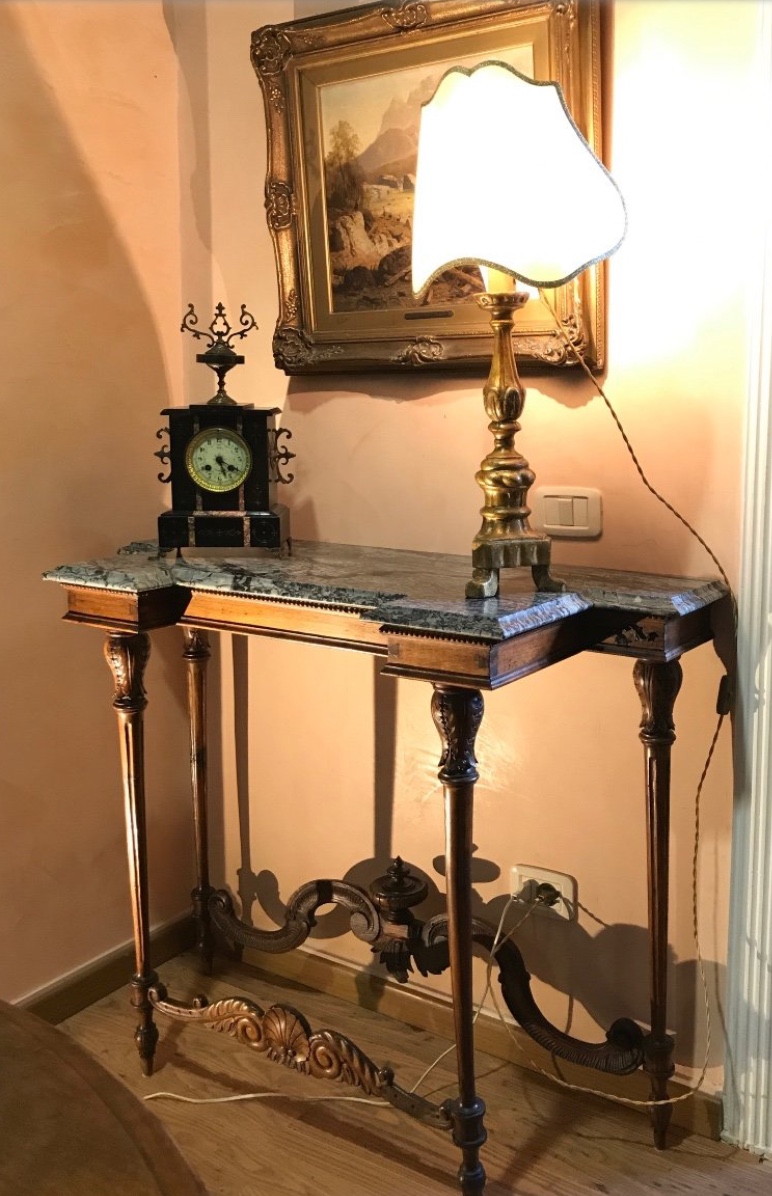 Consolle Antica Fine '800 in Noce Intagliato e Marmo Verde