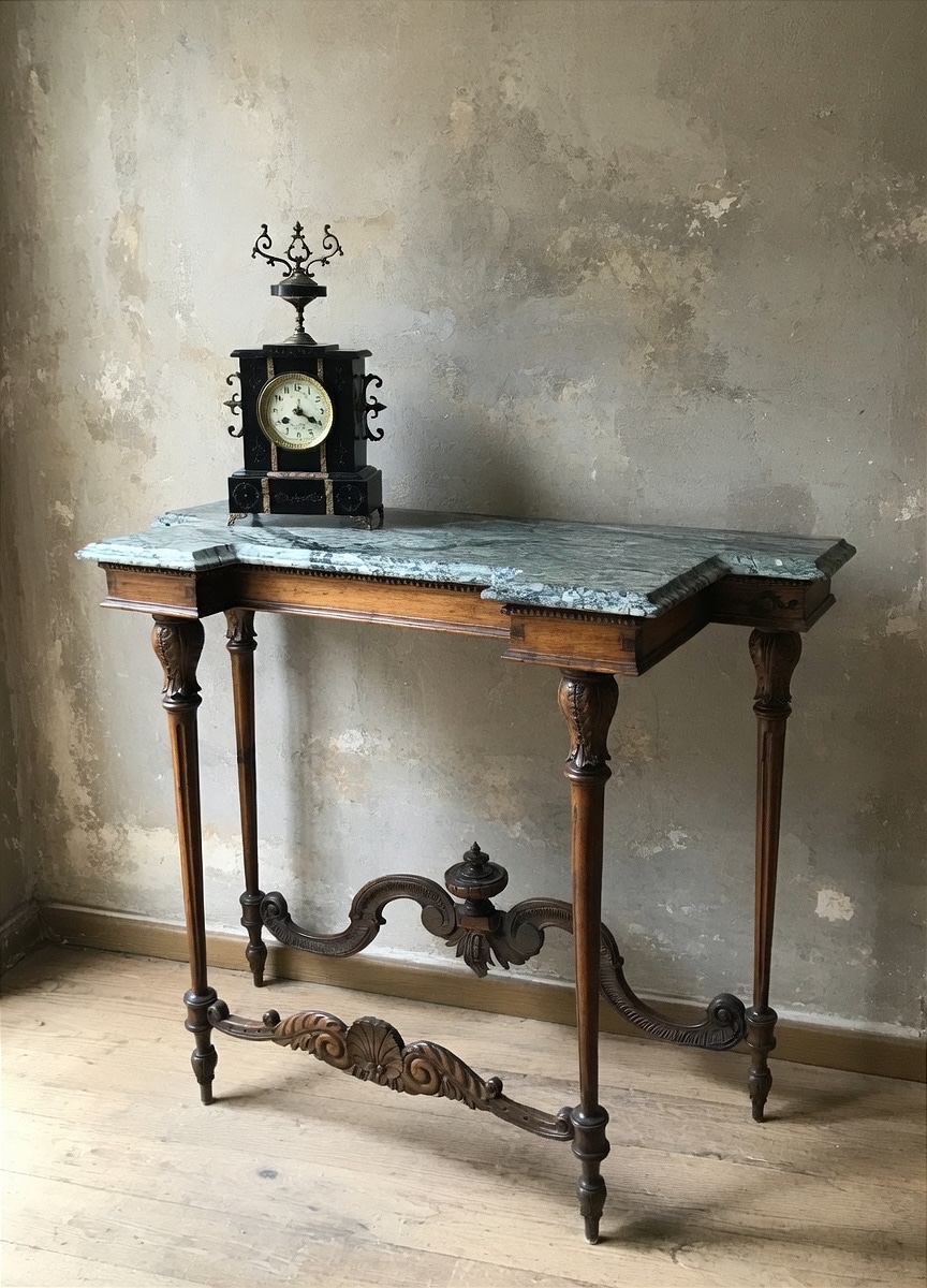 Consolle Antica Fine '800 in Noce Intagliato e Marmo Verde