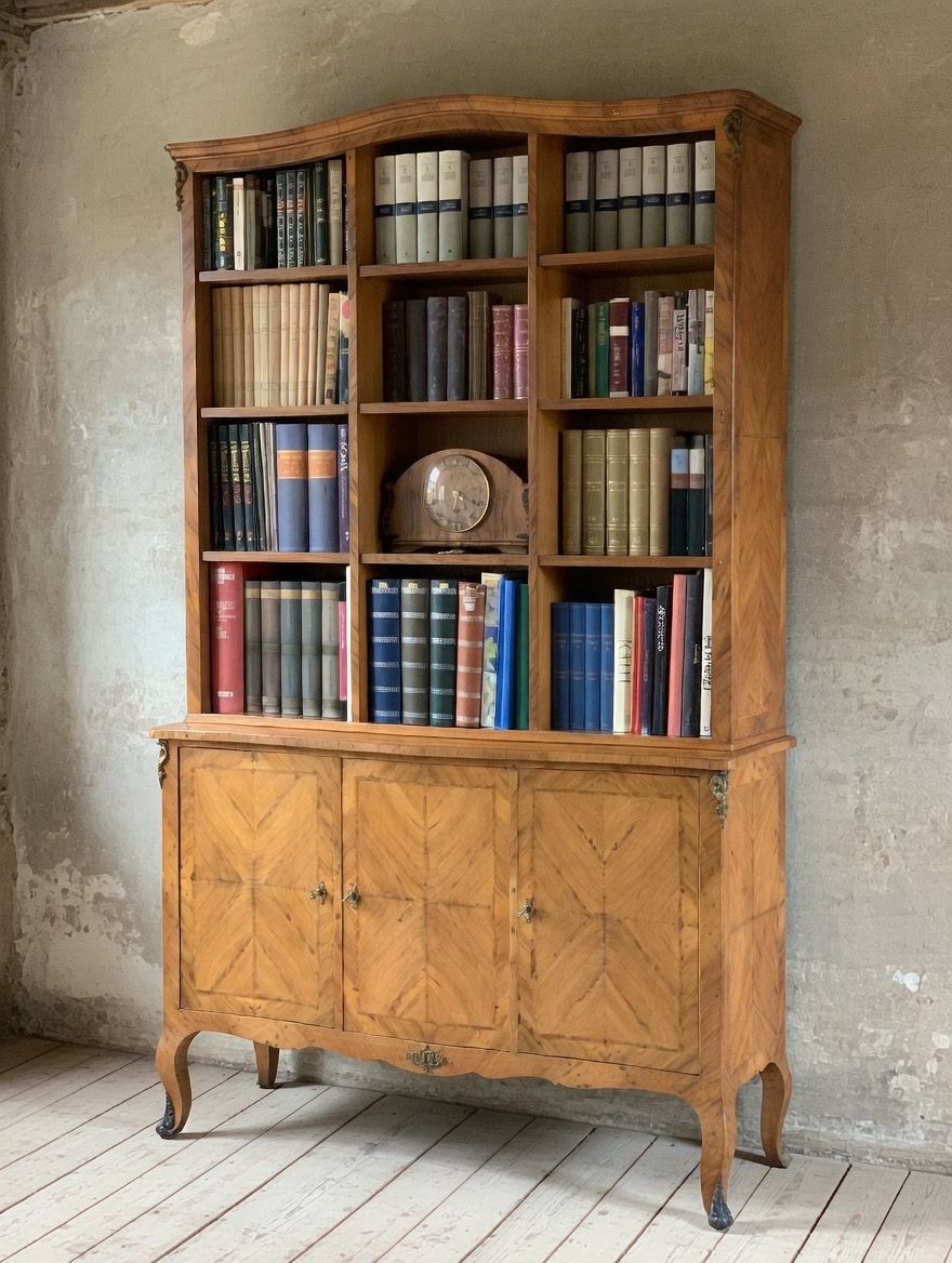 Libreria a tre ante in legno di noce, manifattura francese dei primi del Novecento.