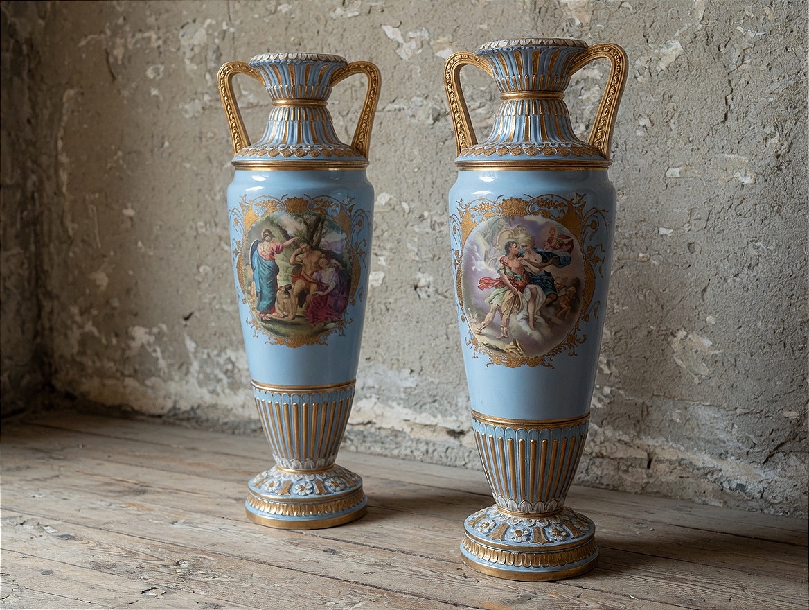 Coppia di vasi in porcellana a fondo azzurro “bleu céleste”,  Sèvres