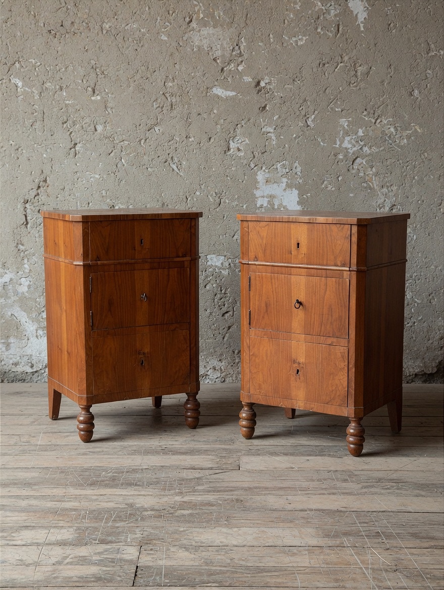 Coppia di comodini antichi in noce, stile Impero / Restaurazione