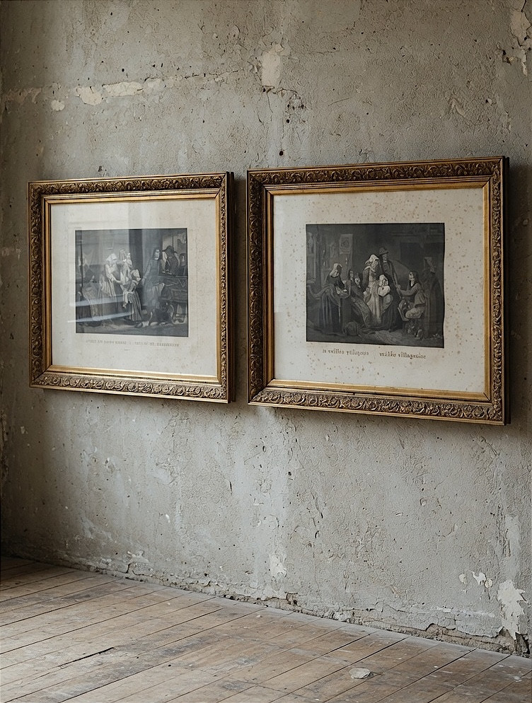 Coppia di quadri raffiguranti scene familiari, risalenti alla fine del XIX secolo.