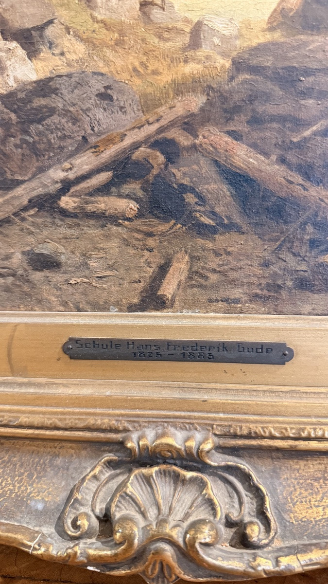 Dipinto raffigurante un paesaggio nordico, olio su tavola realizzato tra il 1825 e il 1855.-photo-2