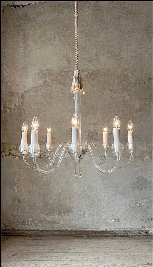 lampadario in vetro di Murano trasparente a otto luci, realizzato negli anni '80.