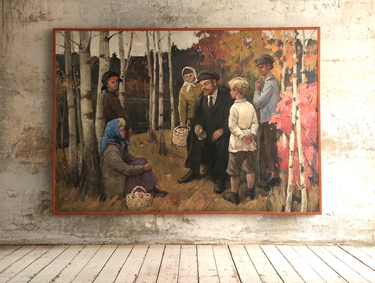 Olio su tela firmato Sokolov Vladimir Aleksandrovich, raffigurante Lenin in compagnia