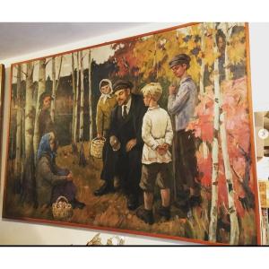 Olio su tela firmato raffigurante Lenin con bambini nel bosco. Pittore Sokolov Vladimir 