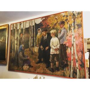 Olio su tela firmato raffigurante Lenin con bambini nel bosco. Pittore Sokolov Vladimi