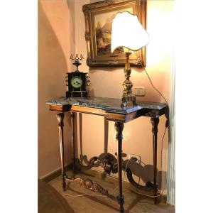 Consolle Antica Fine '800 in Noce Intagliato e Marmo Verde