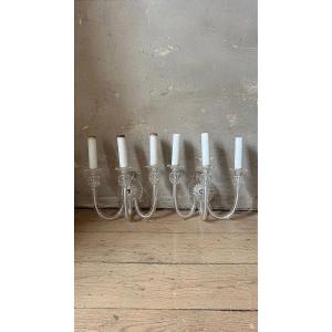 Coppia di appliques a tre luci in vetro di Murano trasparente