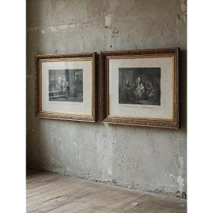 Coppia di quadri raffiguranti scene familiari, risalenti alla fine del XIX secolo.
