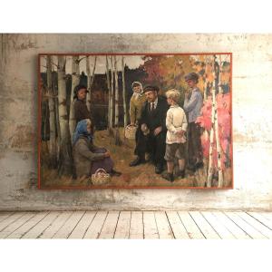 Olio su tela firmato Sokolov Vladimir Aleksandrovich, raffigurante Lenin in compagnia