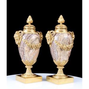 Pair 19th Century Gilt Bronze Mounted Alabastro Fiorito Marble Lidded Vases