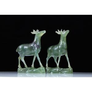 Pair Of Art Deco Carved Bowenite Deer From Idar-oberstein
