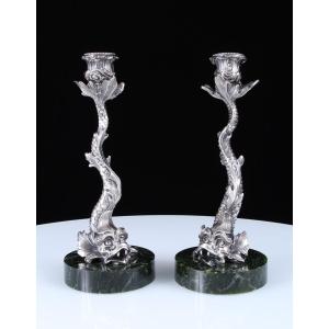 Pair Of 18th Century Silver-plated Bronze Dolphin Candlesticks On Nephrite Jade Bases