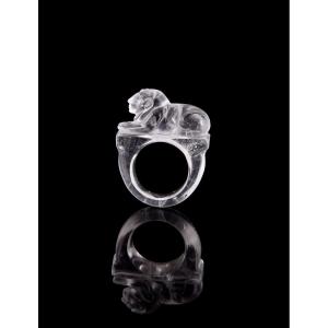 Egyptian Sphinx Ring In Carved Rock Crystal, Late 19th Century