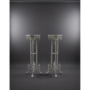 Pair 19th Century White Gesso Painted Chinoiserie Faux Bamboo Torcheres Pedestals