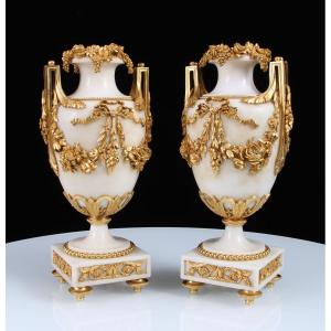 Pair 19th Century Louis XVI Style Gilt Bronze Mounted White Marble Vases