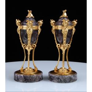 Pair Late 18th Century Gilt Bronze Mounted Weardale Fluorite Crystal Lidded Urns