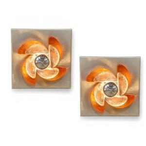 Pair Of Sculptural Sconces In Cast Glass And Metal