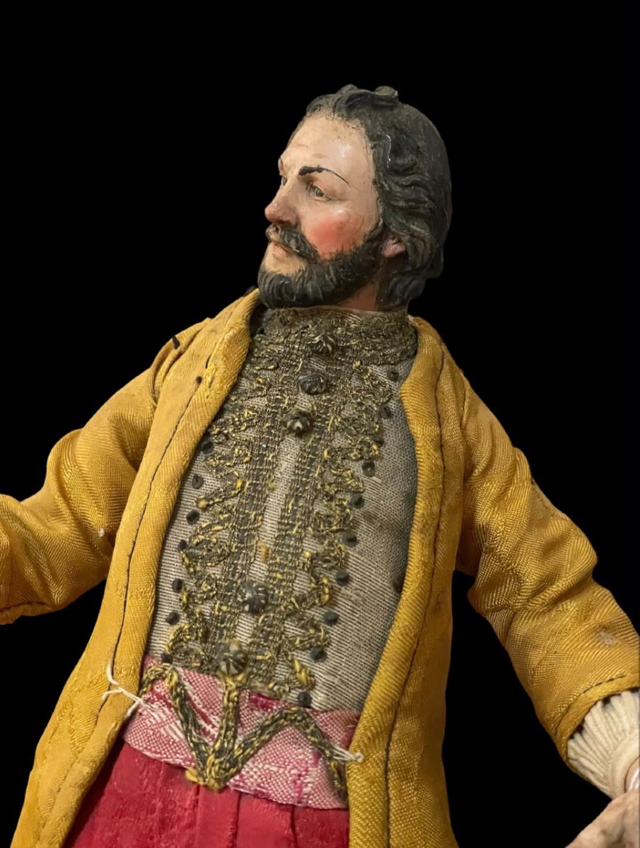 Personaggio maschile da presepe in legno policromo vestito Napoli, XVIII secolo-photo-1