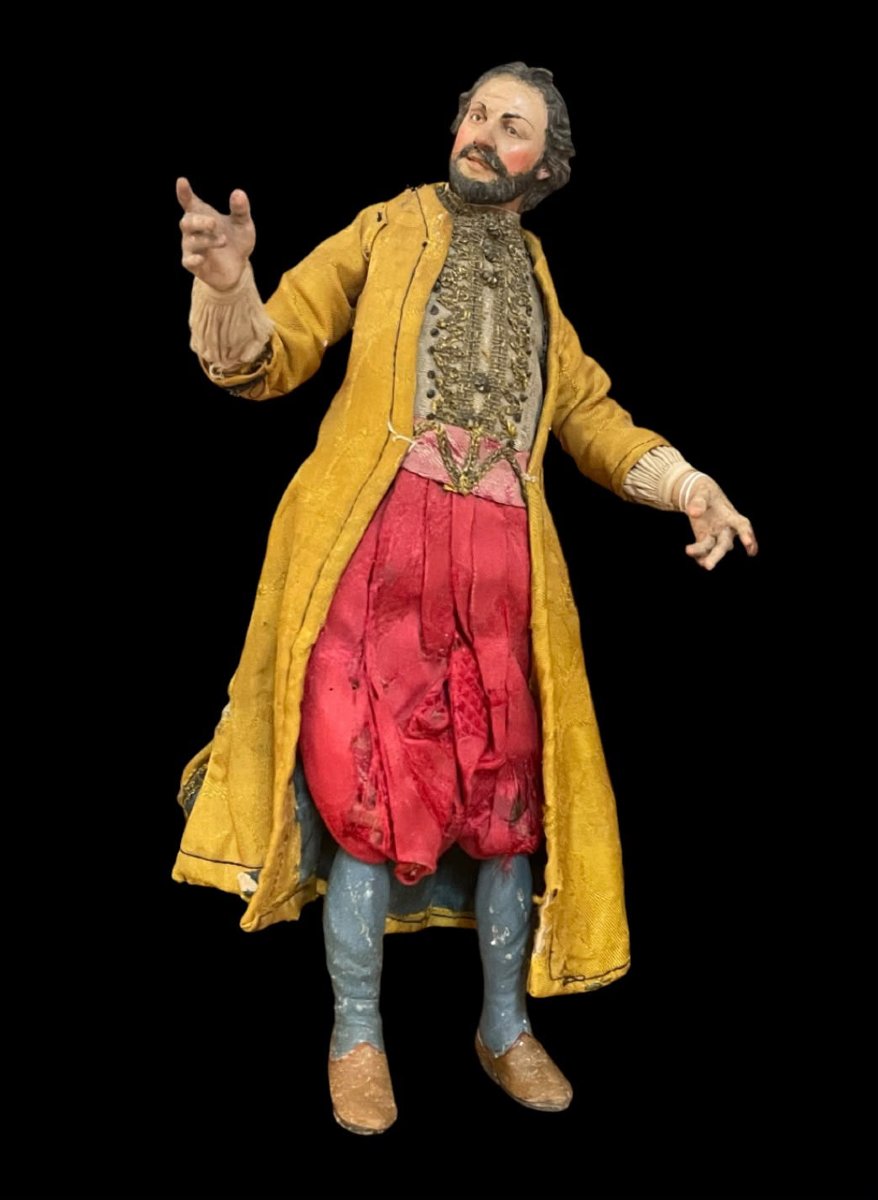 Personaggio maschile da presepe in legno policromo vestito Napoli, XVIII secolo