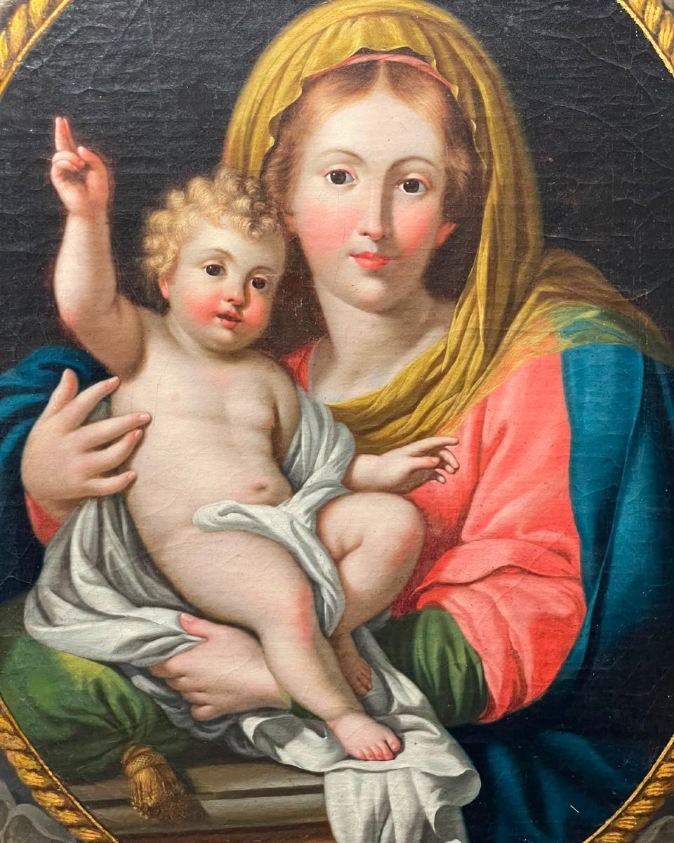 Elegante dipinto ad olio su tela raffigurante la Madonna con il Bambino, opera di scuola italia-photo-2