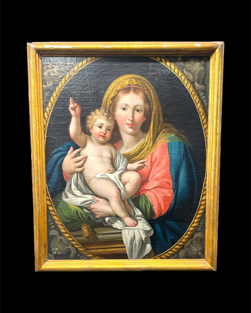 Elegante dipinto ad olio su tela raffigurante la Madonna con il Bambino, opera di scuola italia