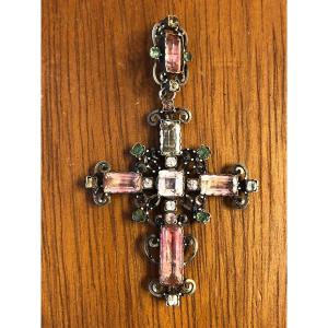 Silver Cross, Colored Stones, 19th Century 