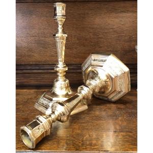 Pair Of Candlesticks, Torches, Bronze, Louis XIV