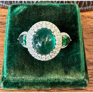 White Gold, Emerald And Tsavorite Ring, 20th Century 