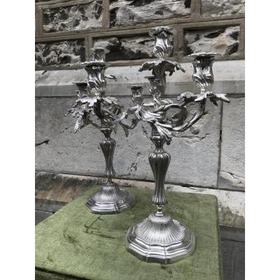 Pair Of Candlesticks, Metal Plated, Nineteenth Century