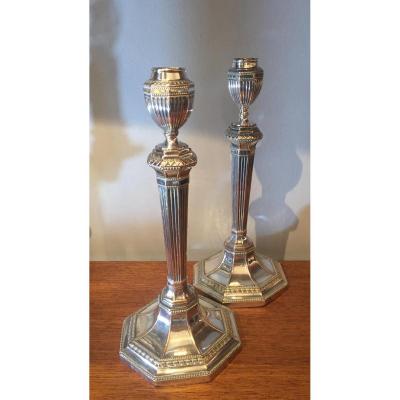 Pair Of Candlesticks, Silver Metal Sheffield, Nineteenth Century.