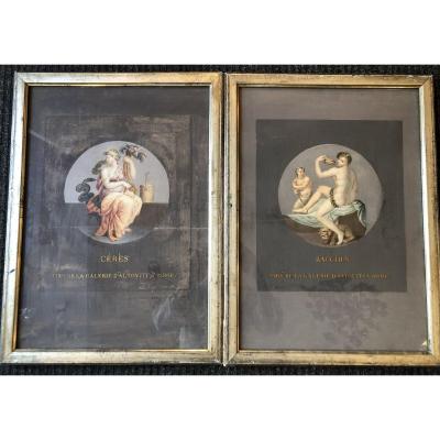 Pair Of Enhanced Engravings Gouache, Nineteenth Century