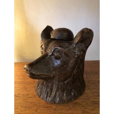 Inkwell, Wood Dog Head, XIXth Century