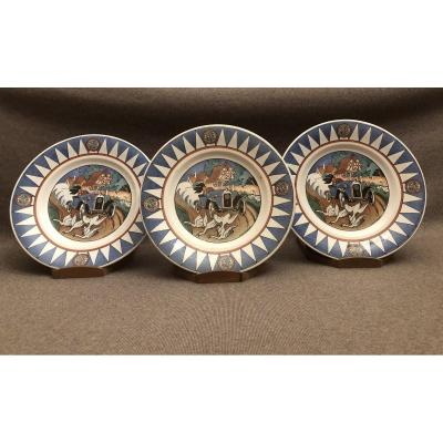 Series Of 3 Earthenware Plates From Sarreguemines, Mathis Strasbourg Automobiles, XXth Century