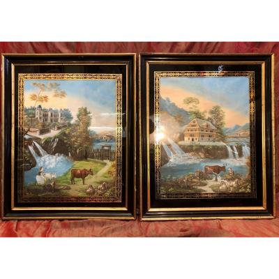 Pair Of Watercolors, Swiss Landscapes, XIXth Century,