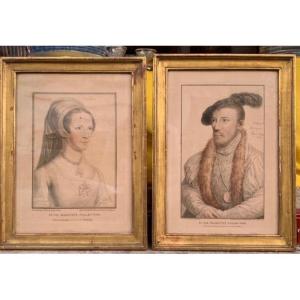 Pair Of Engravings, Portraits, After Holbein, XIXth Century