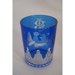 Baccarat Crystal Glass, Tumbler Blue Overlay Engraved