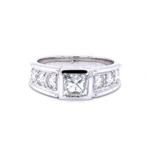  Princess Diamond Ring With Round Stones, 18kt White Gold