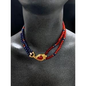 Lapis Lazuli, Orange Agate And 18kt Gold Necklace