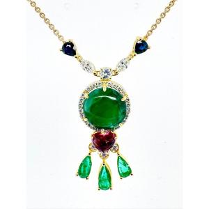 18k Yellow Gold Pendant With Emerald Cabochon And Gemstones