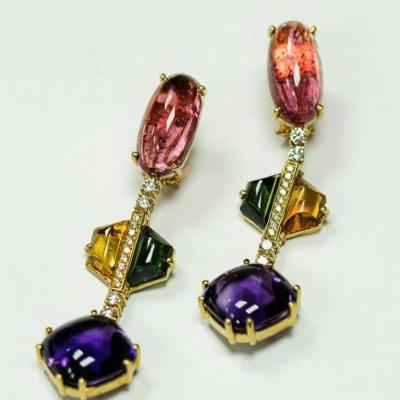 Boucles d'oreilles Or Jaune avec Diamants & Pierres Semi-Précieuses