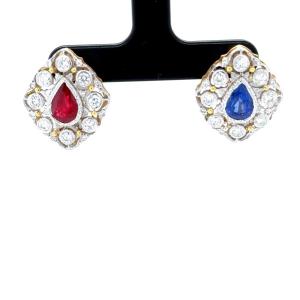 "Boucles d'Oreilles Or Blanc Diamant, Saphir & Rubis"