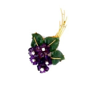 "Élégante Broche Vintage en Or Jaune 14ct avec Pétales d'Améthyste et Jade"