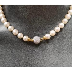Natural Pearl Necklace 18ct. Bicolor Gold & Diamond Diamonds
