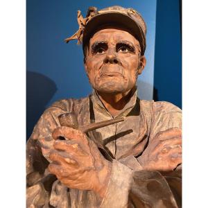 The Old Plowman. Polychrome Terracotta Sculpture By Le Guluche