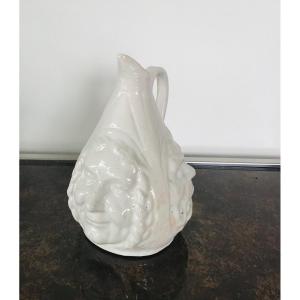 White Ceramic Pitcher With 3 Malicorne Faces?