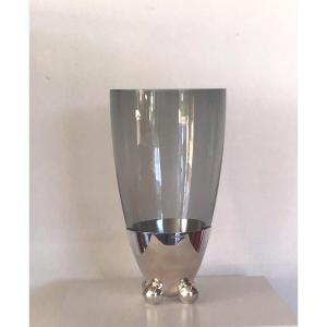Christofle Crystal And Silver-plated Metal Vase By R.hutten 